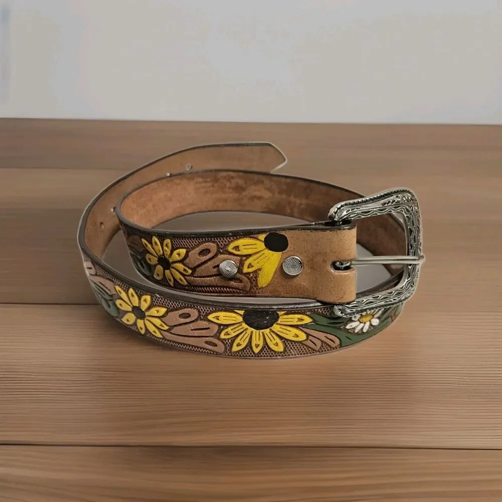 Hand Painted Sunflower Tooled Leather Belt Western Cowgirl Boho Made In Mexico